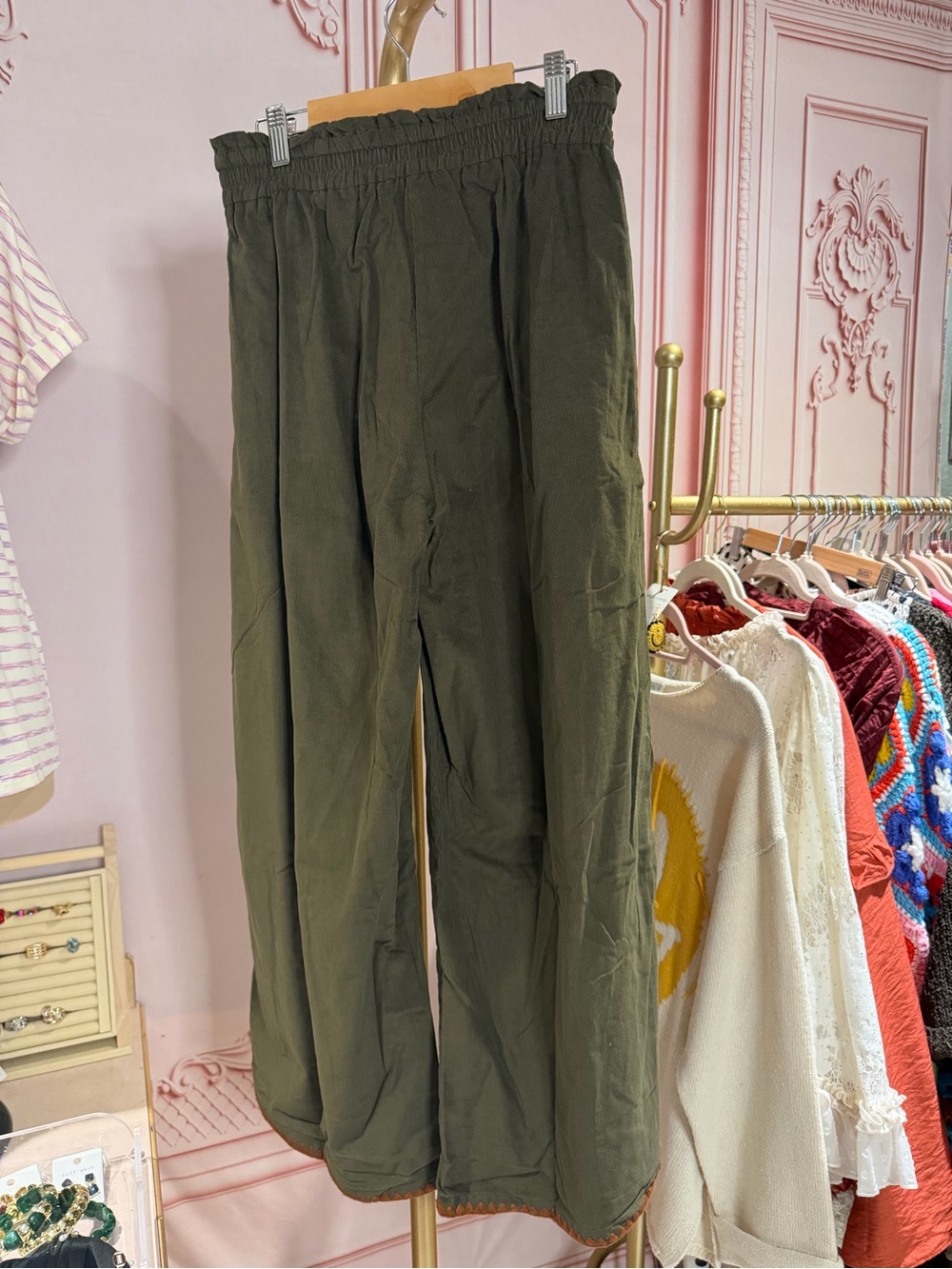 Olive Corduroy Wide Leg Pants with Rust Topstitch & Drawstring Waist - Picture 5 of 6